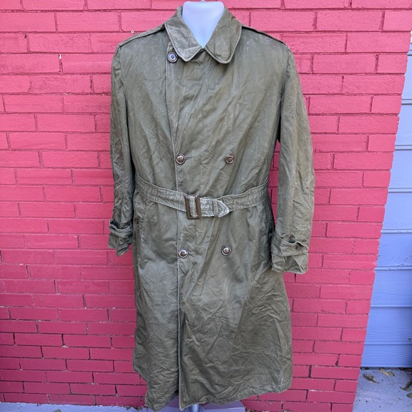 Vtg Military Trench Coat Mens Size Medium Green Double Breasted Korean War‎